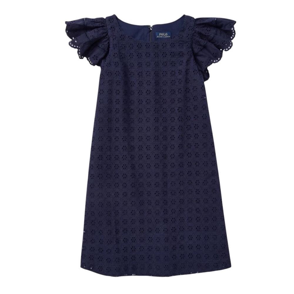 Polo Ralph Lauren Girls Eyelet Woven Flutter Sleeve Dress in Navy Blue Size 16